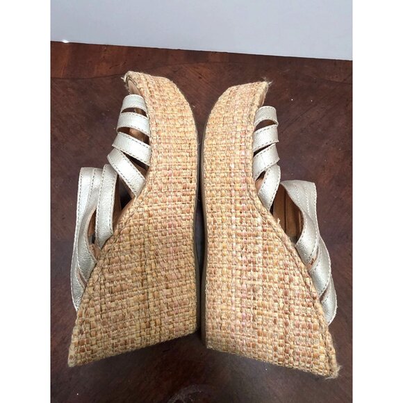 BORN Metallic Gold Leather Strappy Wedge Sandals Jute Espadrille Platform Size 8 - Picture 7 of 10